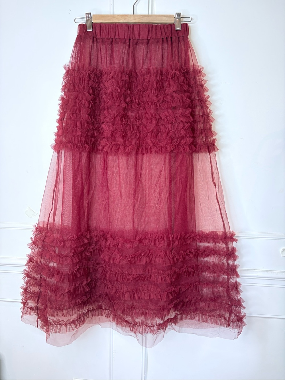 Zara Burgundy Ruffle Tiered Tulle Maxi Skirt